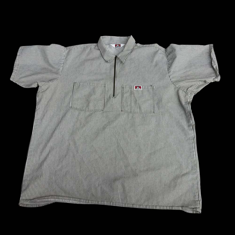 Ben Davis Short Sleeve Striped Half-Zip Work Shirt - Green/White